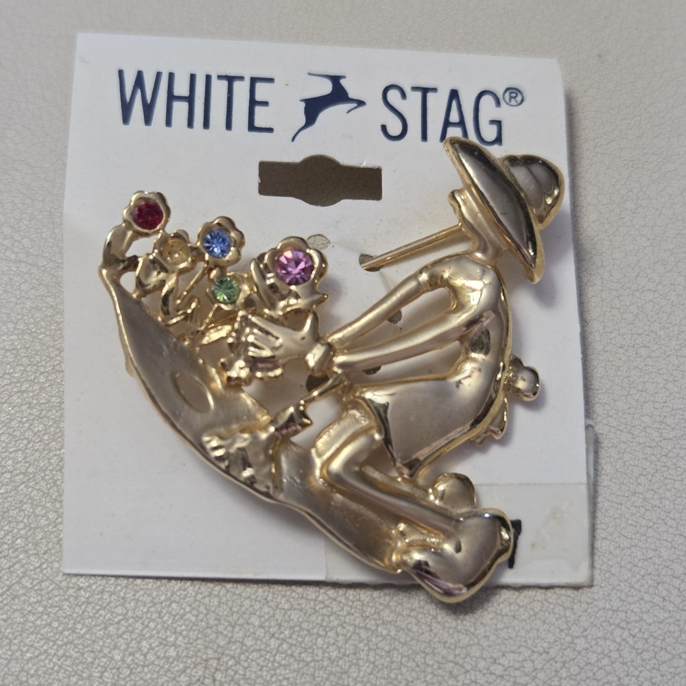Vintage WHITE STAG Gold Tone Gardener‎ Multi-colored Rhinestone Brooch AS IS